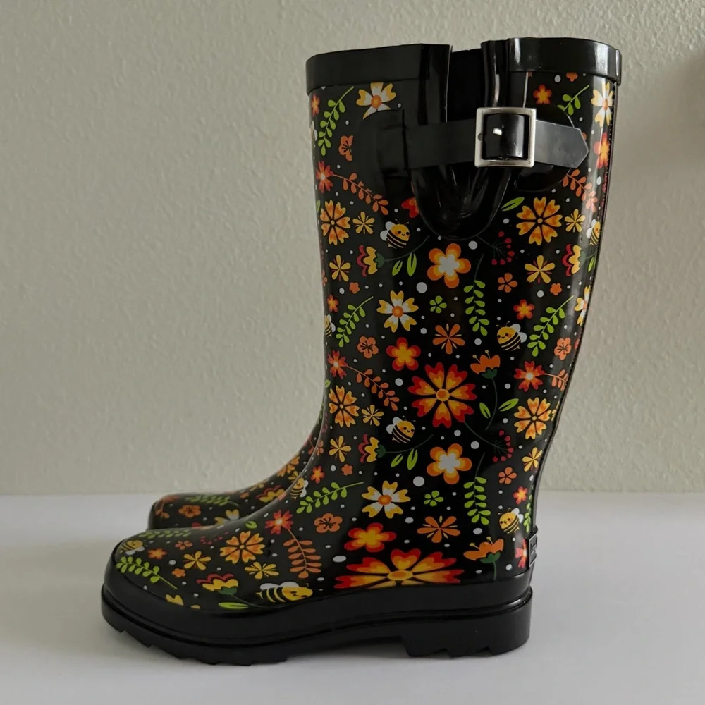 Landchief Women's Garden Blossom Rain Boots Tall Waterproof Anti-Slip Size 7 NEW